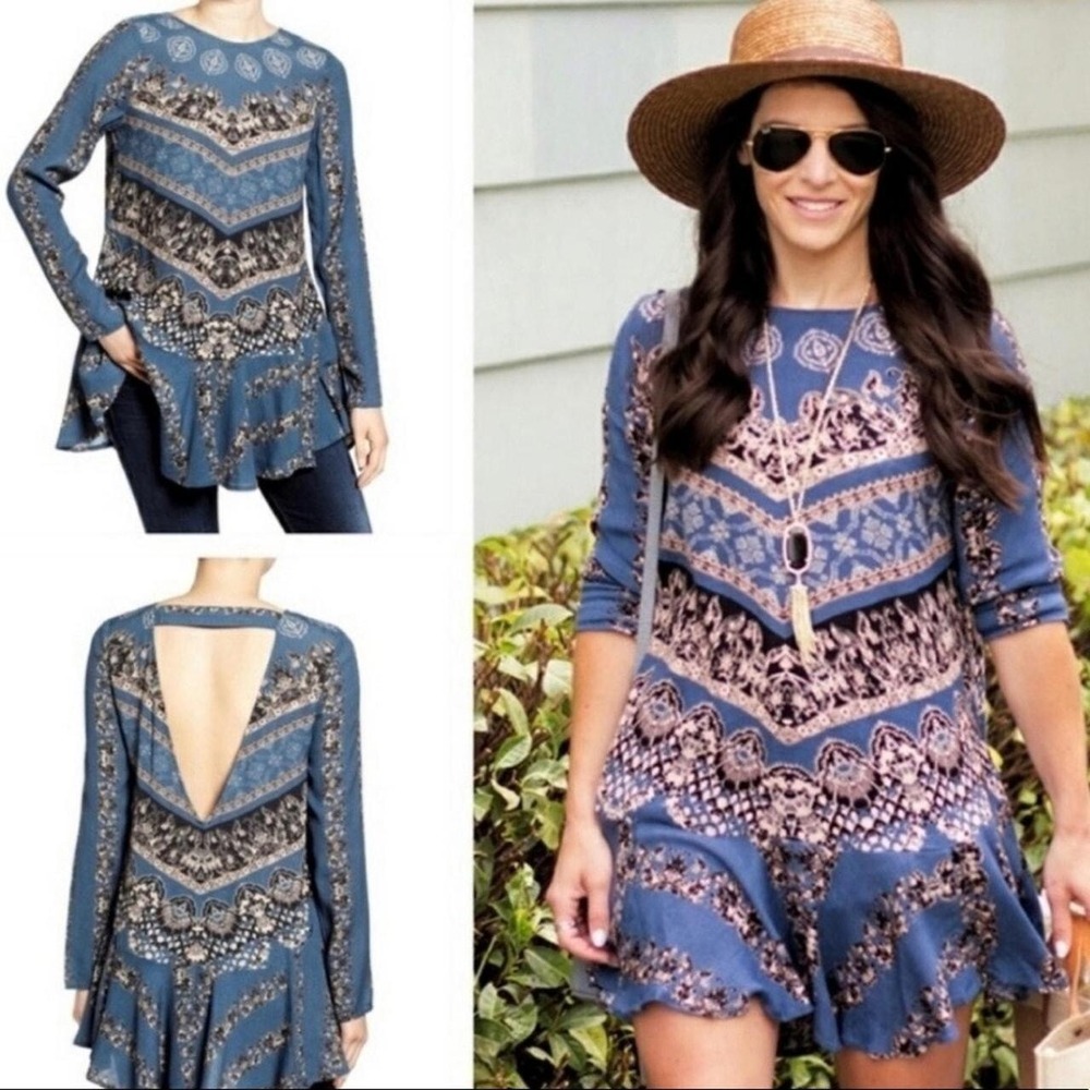 Free People Smooth Talker Tunic Mini Dress Geometric Boho Festival LS Blue Large - Picture 16 of 16